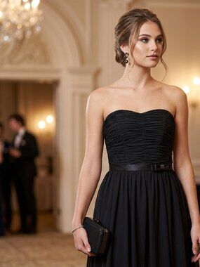 ANGELINA FACCENDA Black Strapless Ruched Chiffon Gown
